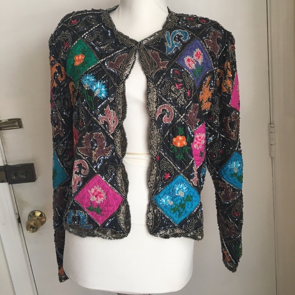 Vintage Jackets & Blazers - Vtg Judith Ann Creations Sequin Beaded Silk Jacket